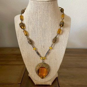 Art deco amber glass necklace with brass beads